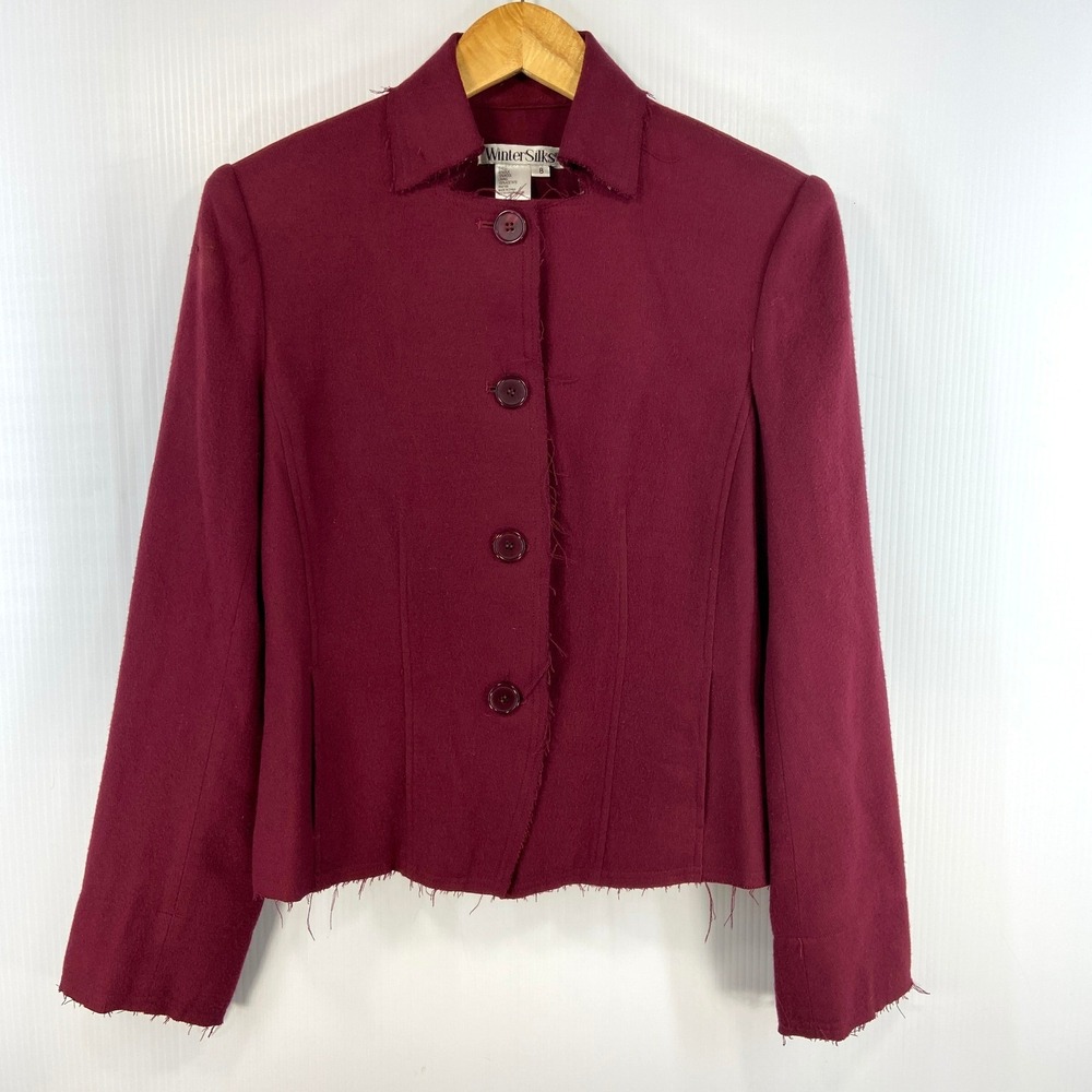WinterSilks Maroon Burgundy Red Silk Wool Blend Raw Hem Blazer Jacket Womens‎ 8